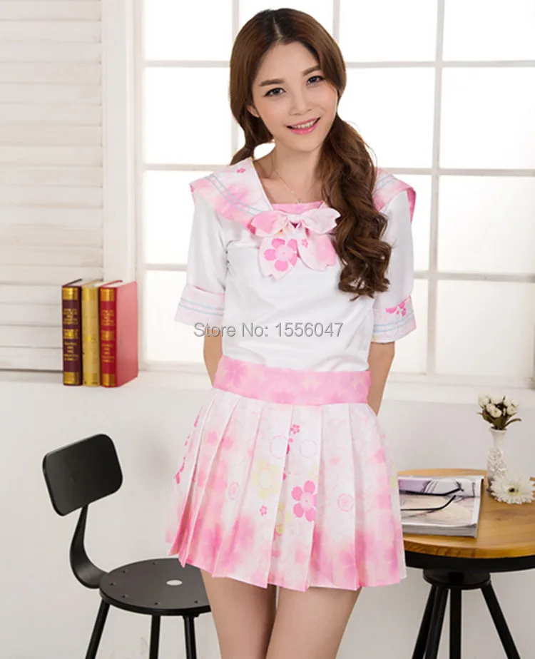 2015 Hot Girls Lovely Dress Suit Japanese Sakura Oriental Cherry Short Sleeve Pink Flower Sailor