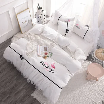 

100%cotton 4pcs full queen king size bird flamingo bed sheet pościel sabanas set lace bow princess bedding set free shipping MR