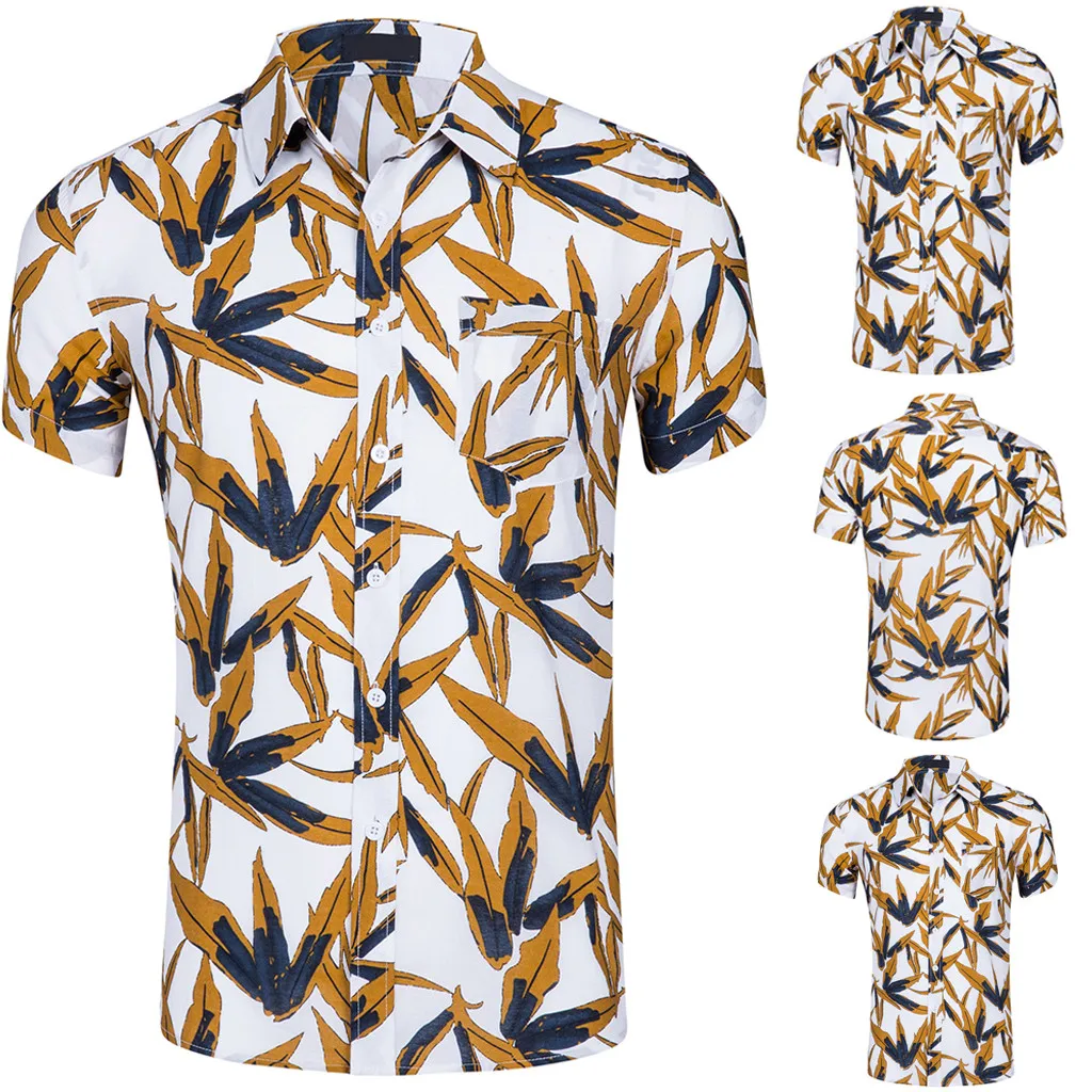 Для мужчин новый короткий рукав пляжа ветер печати Мода хлопок Топ Цветочный Гавайские рубашки HX0202