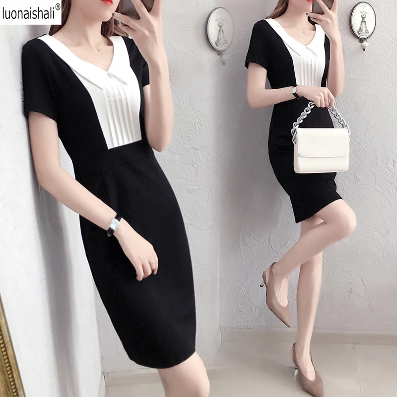 Summer Fashion Women Dresses Black White Color Block Mid Waist Double V Neck Short Dresses Sexy Office Lady Dresses Z584