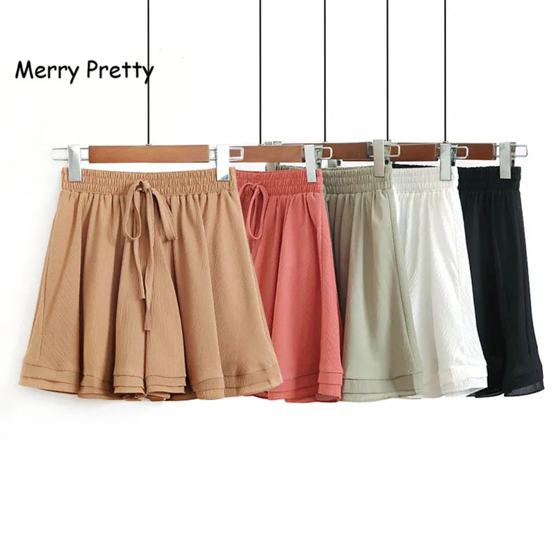 

Merry Pretty 2019 Women Shorts Summer Chiffon Casual Female Wide Leg Elastic High Waist Shorts Slim A Line Short feminino