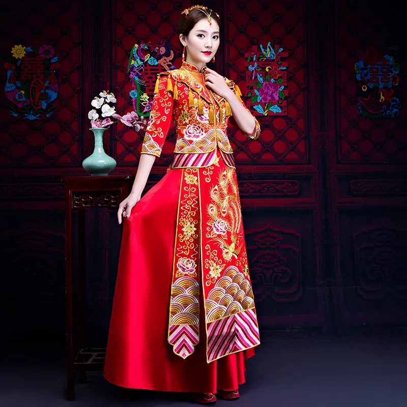 Китайское традиционное платье qipao красный длинным рукавом Cheongsam вышивка Восточный платья Свадебные платья халат orientale vestido Чино