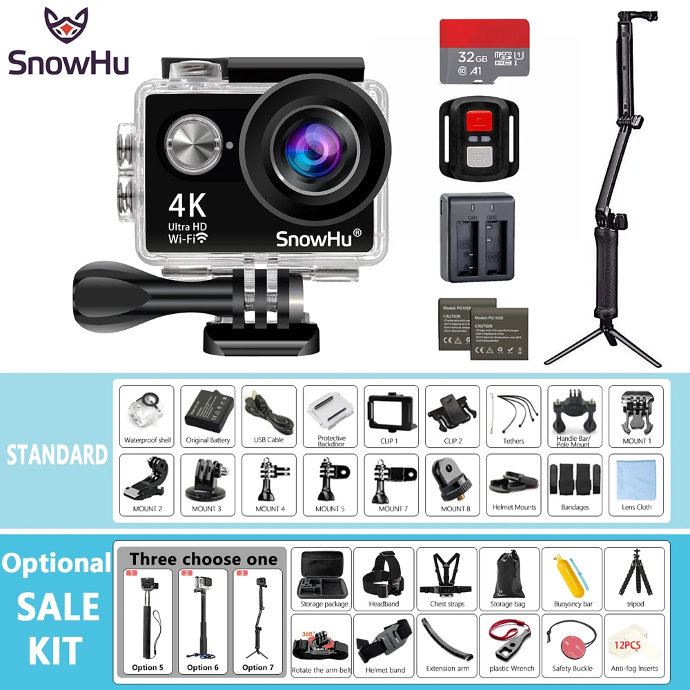SnowHu Экшн камера H10R Ultra HD 4 K/25fps WiFi 2 0 &quot170D подводный водонепроницаемый шлем