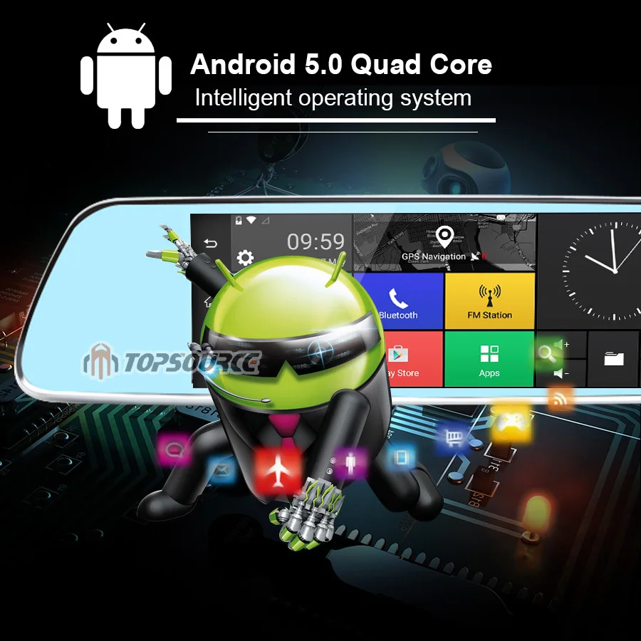 TOPSOURCE " 3g Автомобильный видеорегистратор зеркало gps Двойная камера объектив Android четырехъядерный Full HD 1080P gps Навигация 16 Гб/1 ГБ с задней камерой