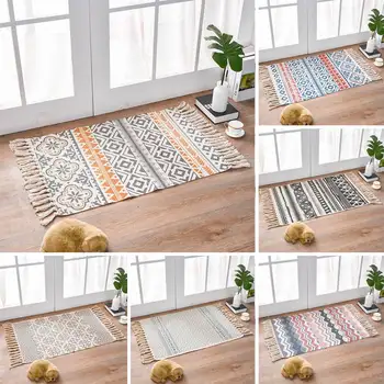 

Retro Bohemian Hand Woven Cotton Linen Carpet Rug Bedside Rug Geometric Floor Mat Living Room Bedroom Carpet Home Decor