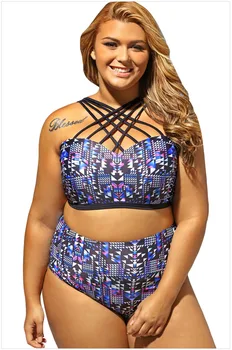 

Free Shipping Sexy Strappy High Neck Printed 2pcs Plus Size Swimsuit 4F410093 Women Cross Bracelet High Waist Bikini