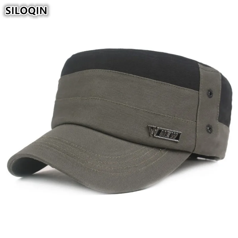 

SILOQIN Adjustable Head Size Men's Army Military Hats Flat Cap 100% Cotton Stitching Retro Hip Hop Caps Fashion Vintage Dad Hat