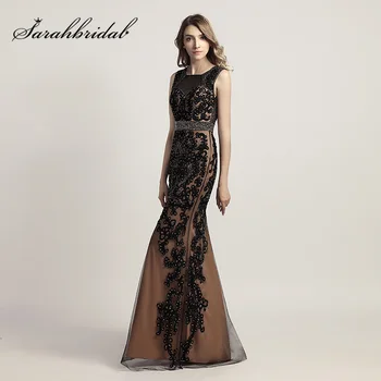 

Elegant Black Formal Evening Dresses with Lace Appliques Tulle Beading Open Back Mermaid Women Prom Long Party Dress LX463