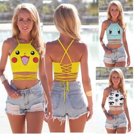 Summer Fashion Women Squirtle Pikachu AA style Bustier Crop Top Sexy Sport Camisole 3D Bulbasaur Pokemon cartoon Print crop Top