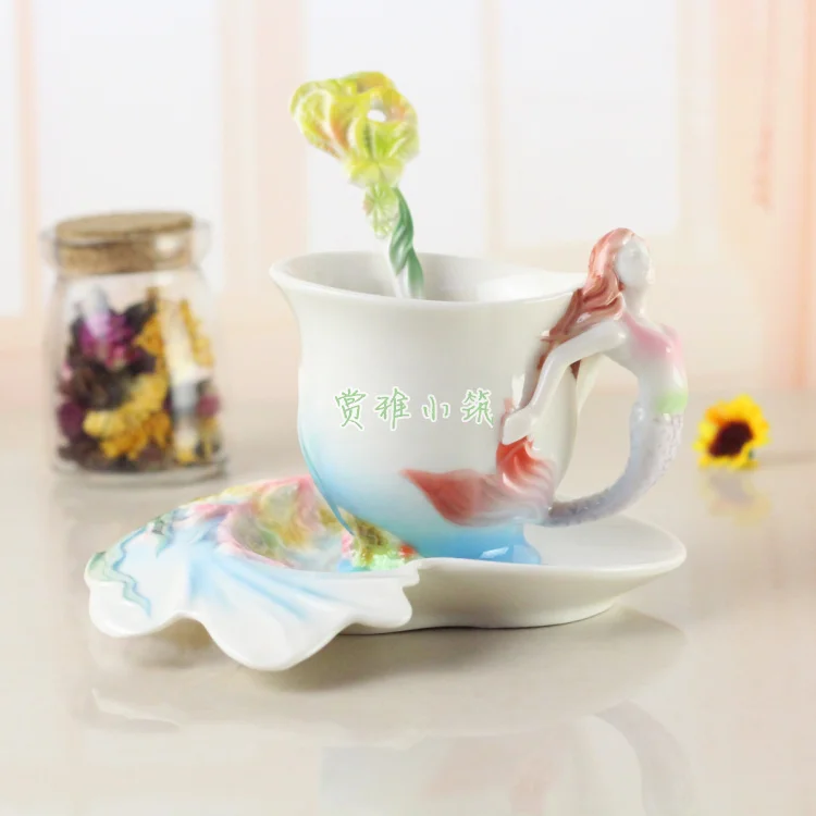 

New Arrival Mermaid Coffee Cup Colored Enamel Porcelain Bone China Tea Mug With Saucer And Spoon Creative Gift Caneca Copo