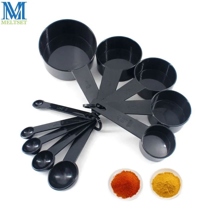 Meltset 10pcs Measuring Spoon&Cup Set Black Plastic Kitchen Measuring
