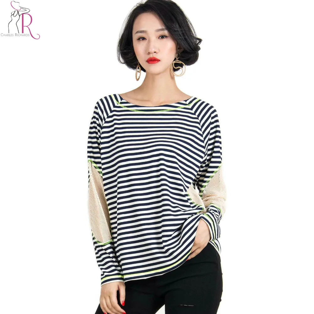 Navy Blue and White Striped Long Sleeve Mesh Insert Cotton T shirt