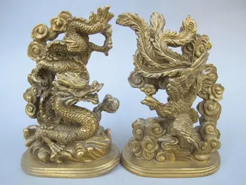 

A Pair Exquisite Collection Chinese Handwork Carving Mythical Animals Dragon Flying Phoenix Dancing Exorcise Evil Spirits Statue