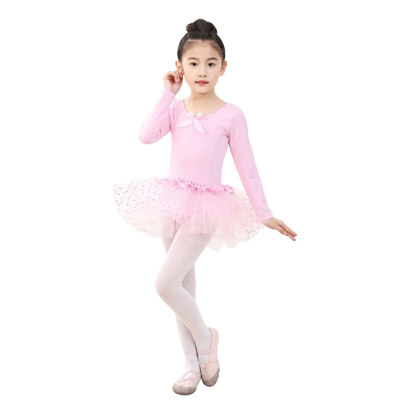 

Children's bow lace ballet dress girl dance round neck dress practice clothes long sleeve girl dance awning dress
