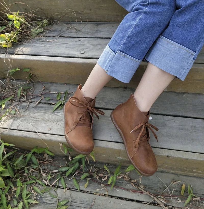 Кожаные туфли ручной работы на плоской подошве; сезон весна-осень; женские повседневные высокие туфли в стиле ретро
