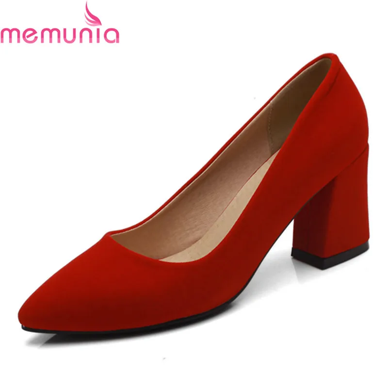 

MEMUNIA new arrival black red concise dress shoes thick high heels poinetd toe shallow slip-on women pumps spring autumn