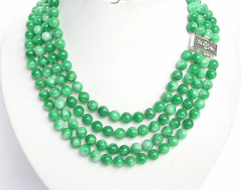 Genuine NEW 4row 8mm 17" round green jade necklace 925ss j4138necklace