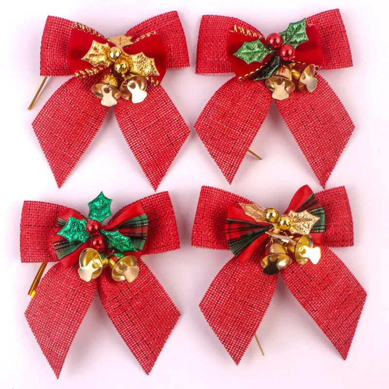 4pcs/pack Christmas Bows With Bells Christmas Gift Christmas Wreath ...