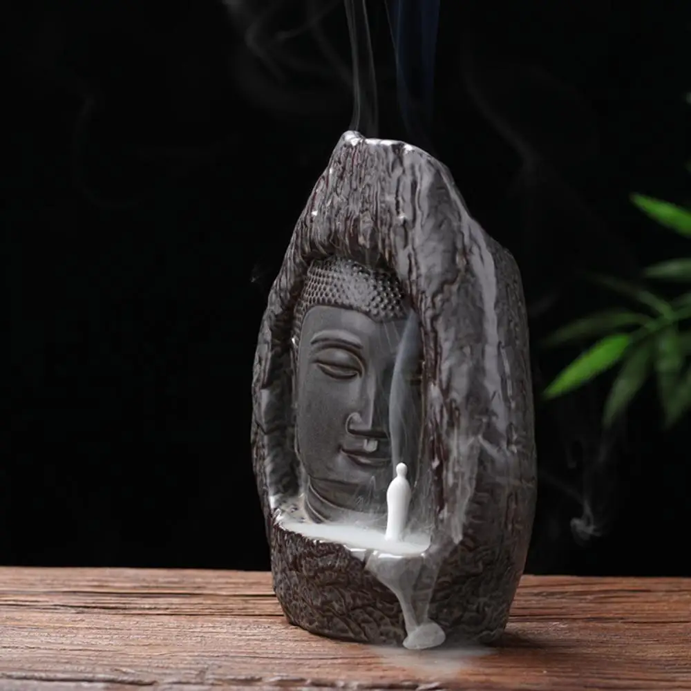 

Ceramic Zen Buddha head Backflow Incense Burner Home Decor Buddhist Censer with 10 pcs Incense Cones