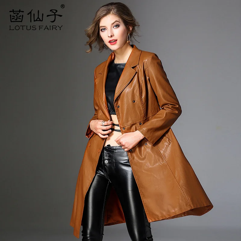 

Faux Leather PU Medium Double Breasted Windbreaker Plus Size Leather Jacket Women long sleeve Slim outwear girl Office lady Coat