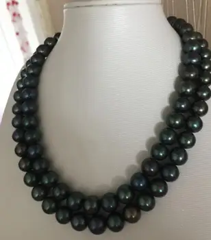 

double strands 10-11mm tahitian round black gree pearl necklace 18"19"925s kkk