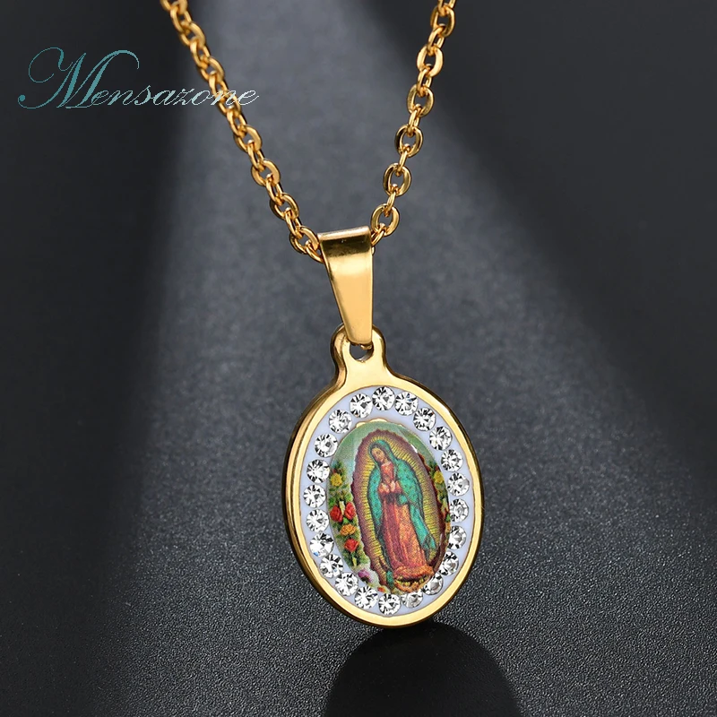 

MENSAZONE New CZ Stone Necklace Gold Color Stainless Steel Virgin Mary Pendants Necklaces For Catholic Religious Jewelry