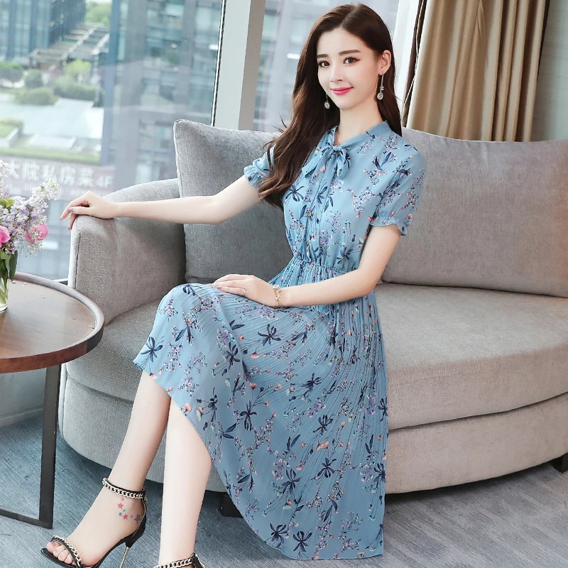 

Summer Fashion Chiffon Floral Bow Collar Mibi Pleated Dress 2019 New Bohemian Elegant Big Yard Seaside Holiday Casual PartyDress