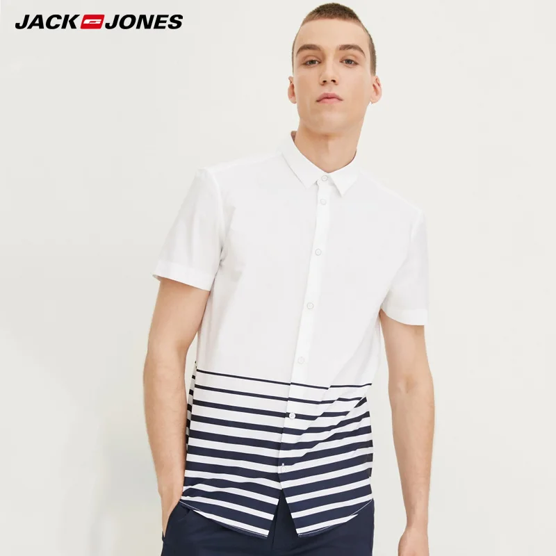 

JackJones Men's Summer 100% Cotton Contrasting Stripe Pointed Collar Short-sleeved Shirt E|217204503