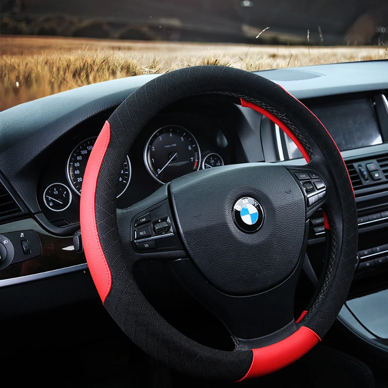 

KKYSYELVA New Leather Car Steering Wheel Cover Red 38cm Diameter Universal Size Car inner accessories Auto wheel covers