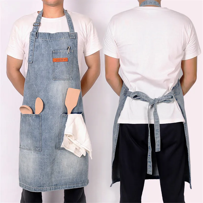 WEEYI Kitchen Restaurant Work Denim Apron Cowboy Chef Cooking Kitchen Apron For Woman Men Cafe Shop BBQ Hairdresser delantal