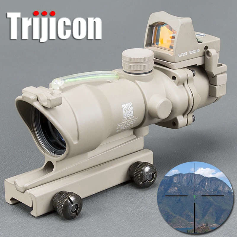 Tan ACOG 4X32 Tan Tactical Real Fiber Optic Green Illuminated Collimator Red Dot Sight Hunting Riflescope