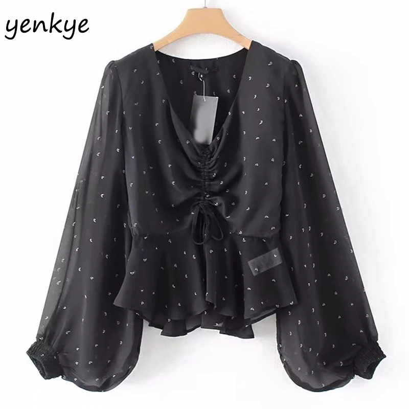 Vente Femmes Imprimé En Mousseline de Soie Blouse Sexy V Cou Chauve Souris Manches Peplum Crop top Vintage Noir Chemise D été Tops AAZZ8797