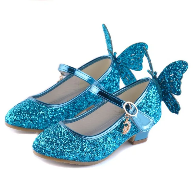 2018 New Little Girls Gold Blue Glitter Sequins High Heeled Princess