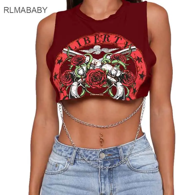 Rlmaaby, сексуальные женские короткие топы с принтом пистолета розы, женские короткие топы с круглым вырезом, без рукавов, женский укороченный топ, вечерние футболки для ночного клуба - Цвет: Wine Red