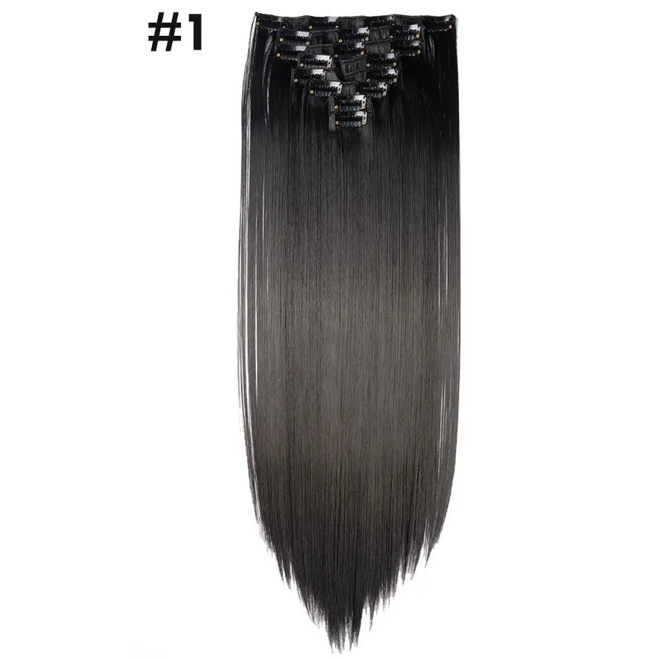 SNOILITE, 26 дюймов, женские Синтетические длинные прямые волосы, 8 шт., на заколках, для удлинения волос, на всю голову, толстые, синтетические волосы, чистые цвета - Цвет: dark black