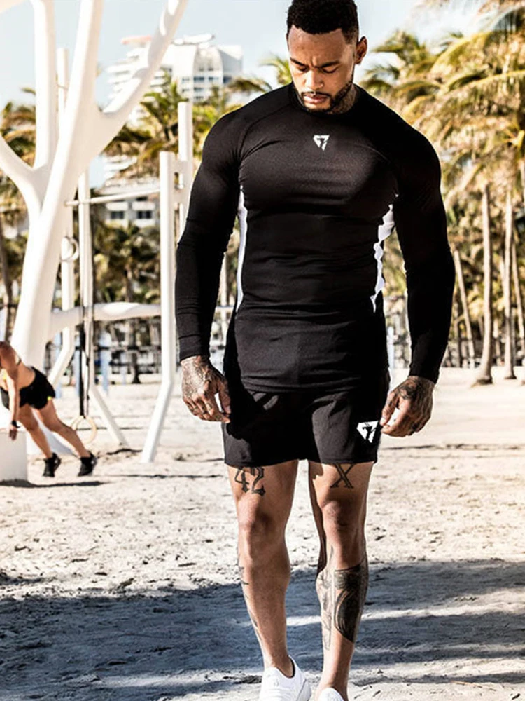 GYMLOCKER 2019 new men's sets T-shirt+shorts Brand gyms Bodybuilding slim fit set men Fitness Quick-drying splice clothes