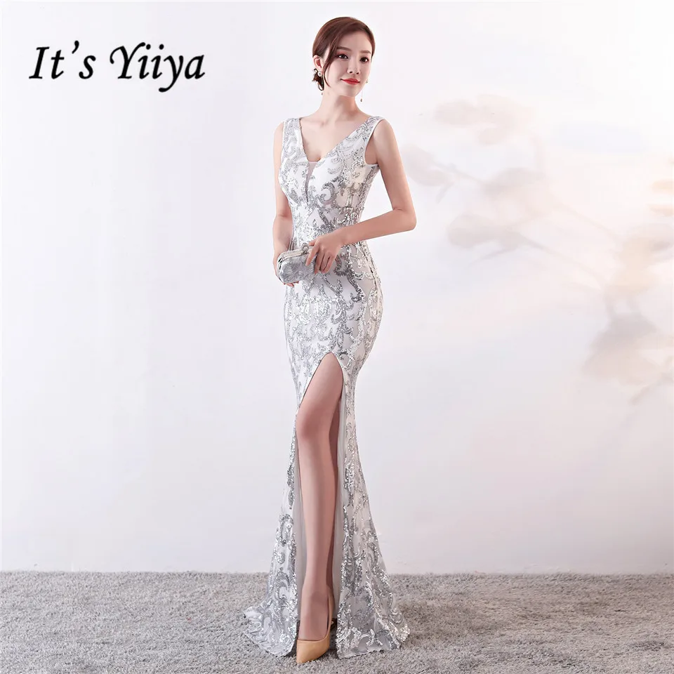 

It's Yiiya Evening dresses Sequined V-neck Zipper back Mermaid Party Gowns Royal Backless Floor-length Trumpet Prom dresses C181