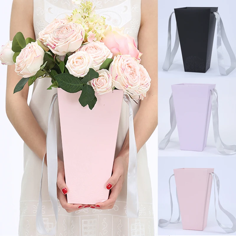 1pc Pure Color Flower Paper Boxes With Handhold Hug Bucket Florist Gift