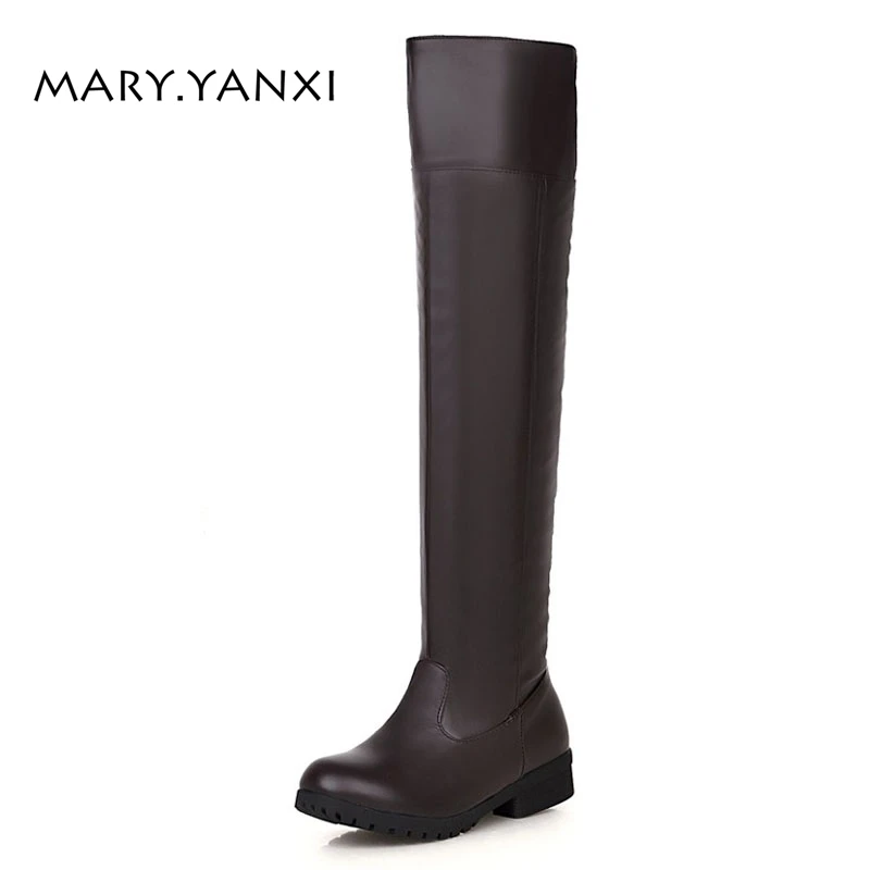 

Winter Women Over the Knee Long Boots Fleeces or Plush Worm Inside Solid Round Toe Low Heels Fashion Slip-on Rome Square Heel