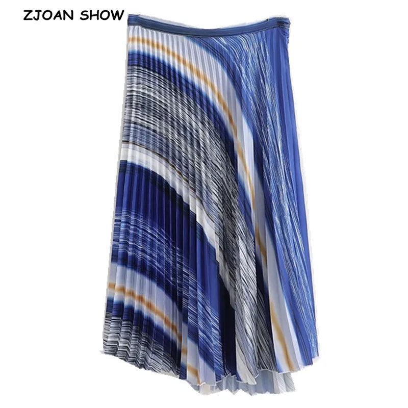 Винтаж контрастным принтом в полоску миди плиссированная юбка ретро Для женщин Высокая талия средней длины асимметричный качели фигурист юбки