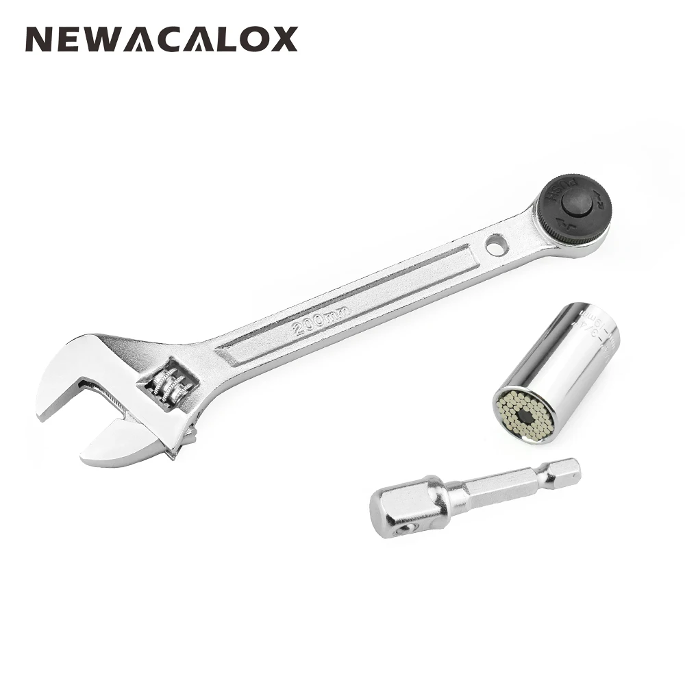 

NEWACALOX 8" Adjustable Wrench Kit Flexible Ratchet Wrench Set 1/4"-3/4" Torque Universal Spanner Socket Sleeve Car Repair Tool