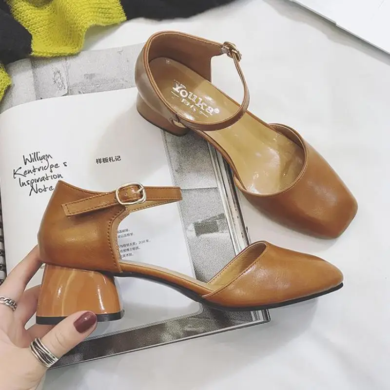 

Square Toe Mary Janes Buckle Strap High Heels Sandals Women Shoes Fashion Summer Sandals Leather Chunky Heel Shoe Sandale Femme