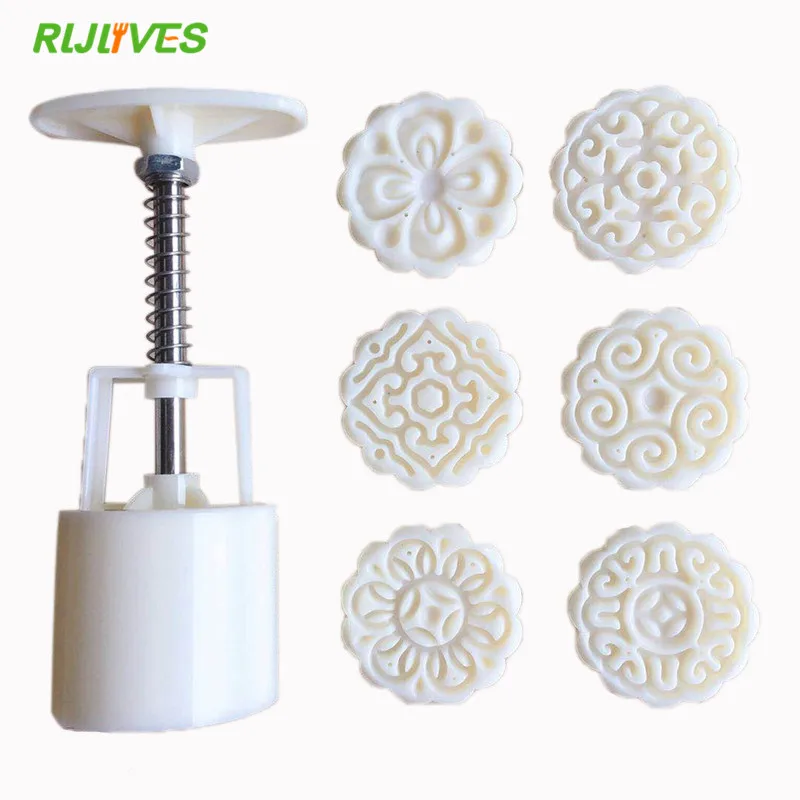 

6 Style Round Flower Mooncake Mold Hand Pressure Fondant Moon Cake Decoration Tools Cookie Cutter Pastry Baking Tool