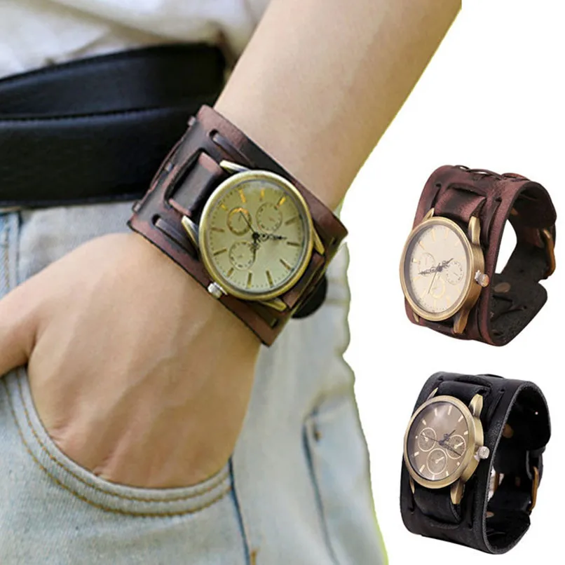 

Tooptoot Relojes mujer 2016 clock Style Retro Punk Rock Brown Big Wide Leather Bracelet Cuff relogios masculino Watch Cool