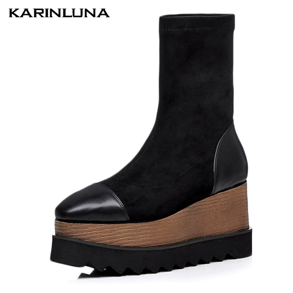 

Stretch Flock Genuine leather INS Wedges Shoes High Heels Ankle Boots Women Flatform Boots Women Shoes Woman Plus Size 32-42