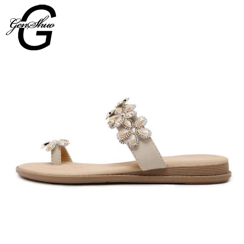 

GENSHUO New Women Flip Flops Beach Sandals Fashion Crystal Bling Slippers Summer Women Flats Shoes Woman Flat Sandals Size 41