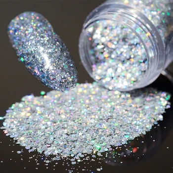 

1 Box 10g Holographics Laser Glitters Nail Sequins Shining Silver Hexagon Nail Dust Tips Nail Art Decorations