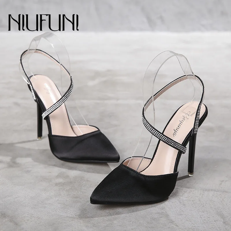 

Fashion Pointed Rhinestone Stiletto Women's Sandals 2019 Summer New Silk Solid Color High Heels Temperament Elegant Ladies Shoes