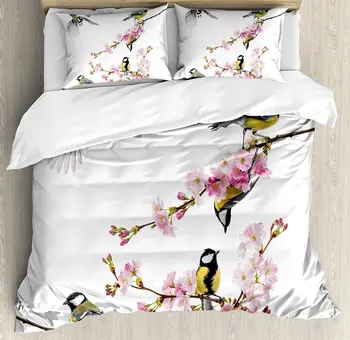 

Flying Birds Duvet Cover Set Group of Cute Humming Birds on a Flowering Branch Best Friends Peace Illustration Home Bedding Set