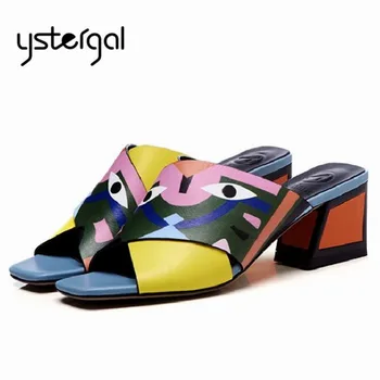 

Ystergal 2020 New Peep Toe Summer Slippers Women Chunky High Heel Slides Genuine Leather Women Pumps Print Sandals Mules Shoes